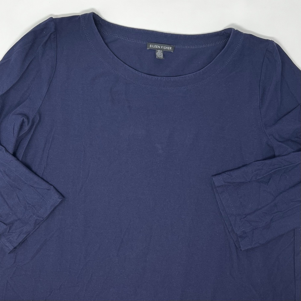 Eileen Fisher Blue Jersey Knit Dress 3/4 Sleeve Scoop Neck Women's Medium